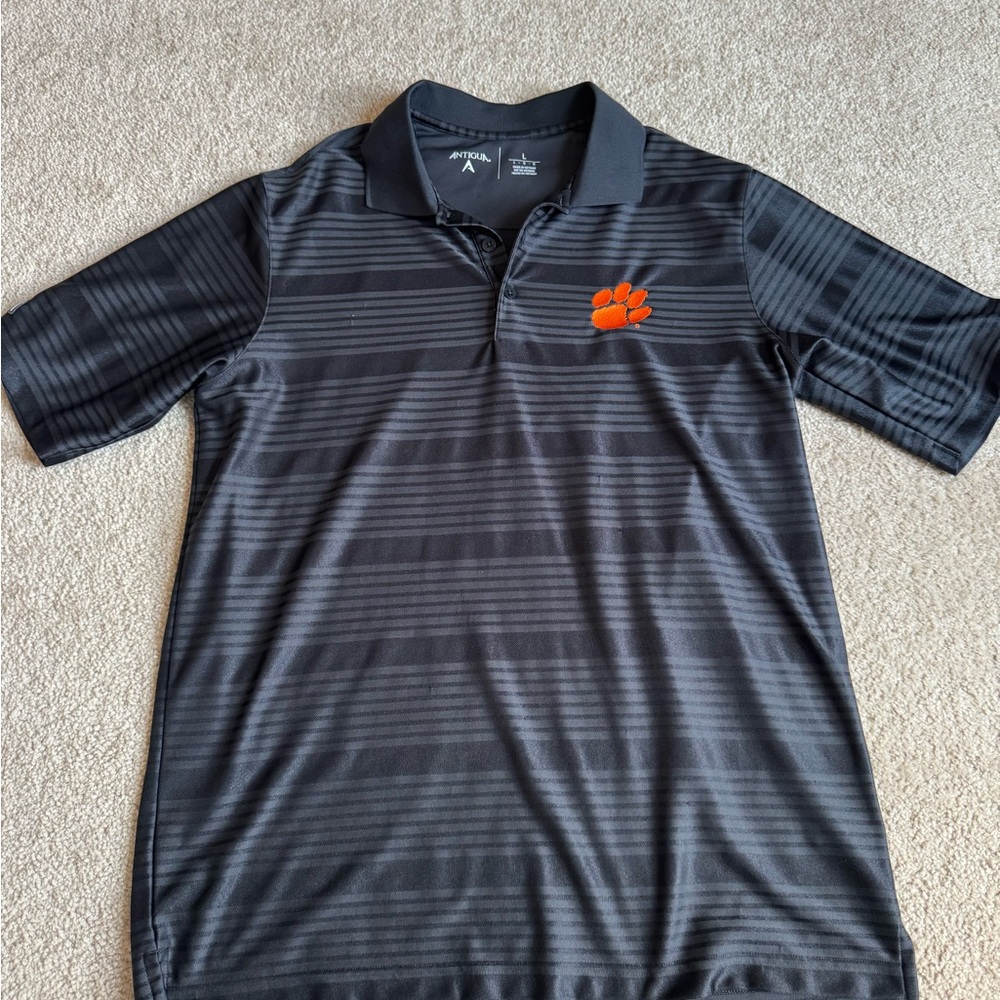 Men's Black Striped Polo Shirt with Clemson Logo